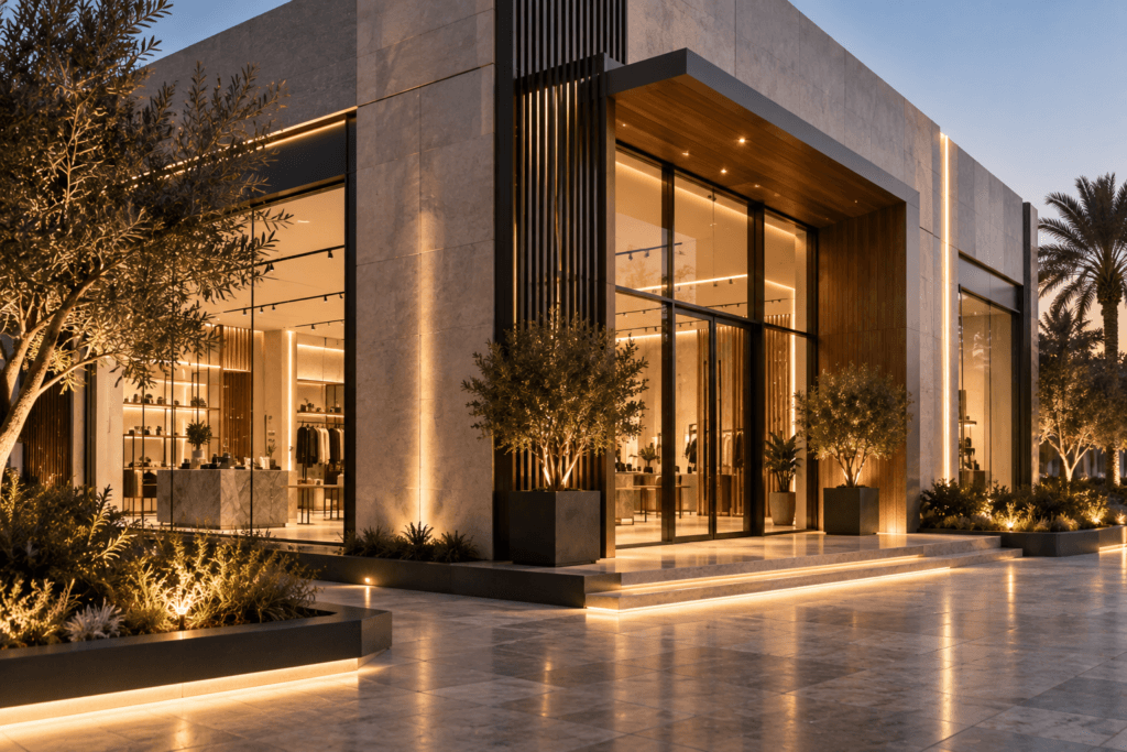 Premium commercial storefront with modern stone, glass, wood finishes, exterior lighting and landscaped surroundings in Riyadh.