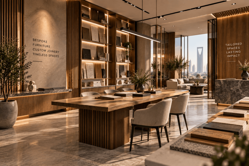 Custom furniture and bespoke joinery showroom interior in Riyadh, featuring wood detailing, built-in shelving, custom tables and premium finishes by Soroh Theqa.