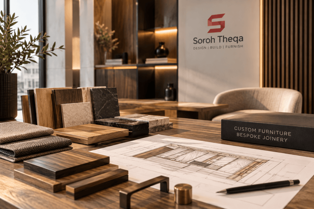 Custom furniture and bespoke joinery design studio in Riyadh, featuring wood samples, material finishes, joinery drawings and furniture concepts by Soroh Theqa.