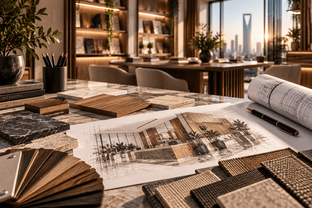 Custom furniture and bespoke joinery design studio in Riyadh featuring material samples, architectural plans, wood finishes and interior design concepts by Soroh Theqa.