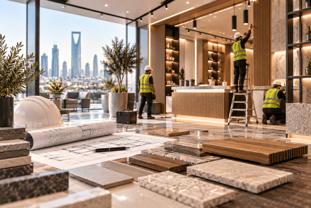 Commercial fit-out and finishing project in Riyadh showing quality materials, custom joinery, lighting installation and professional workmanship.