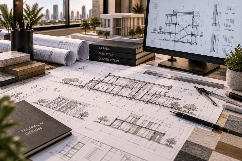 Detailed architectural drawings showing building elevations, sections, dimensions and construction details on an architect’s workspace.