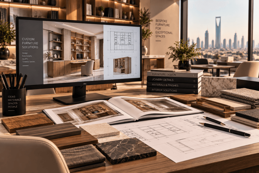 Custom furniture concept and joinery design in Riyadh, featuring 3D furniture visualization, technical drawings and premium material samples.