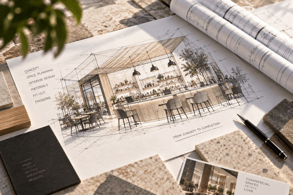 Commercial fit-out concept design with interior sketches, floor plans and material samples for a modern business space.
