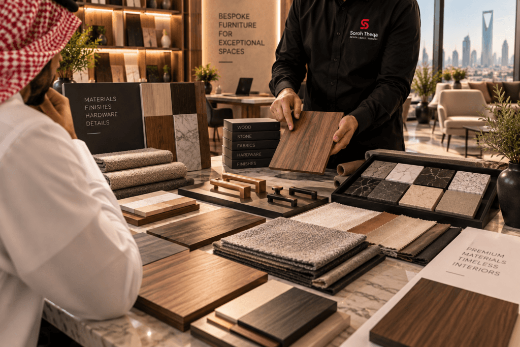 Furniture and custom joinery material selection in Riyadh, featuring wood finishes, stone, fabrics and premium hardware samples by Soroh Theqa.