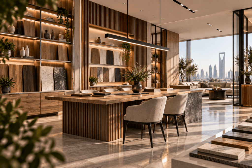 Luxury custom joinery and bespoke furniture showroom in Riyadh, featuring built-in cabinetry, wood wall panels, custom tables and premium material finishes by Soroh Theqa.