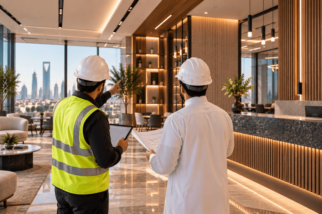 Commercial fit-out final inspection and handover in Riyadh with completed interior finishes, lighting, joinery and quality checks.