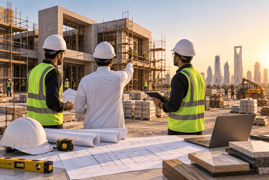 Architects and construction professionals reviewing architectural drawings at a modern construction site in Riyadh.