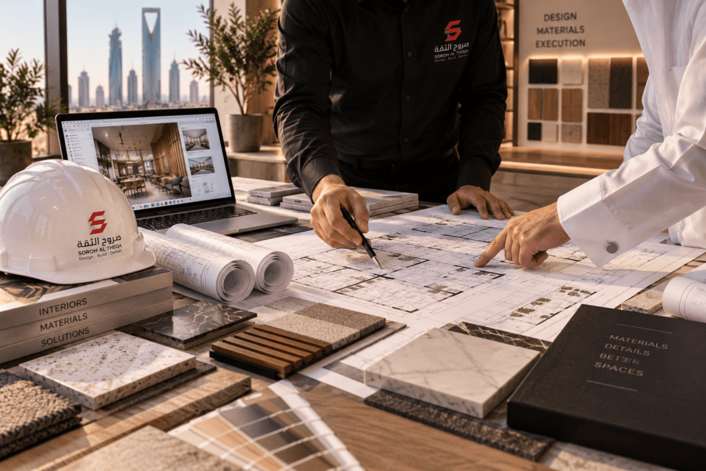 Commercial fit-out preparation and coordination with project plans, material samples and interior design references in Riyadh.