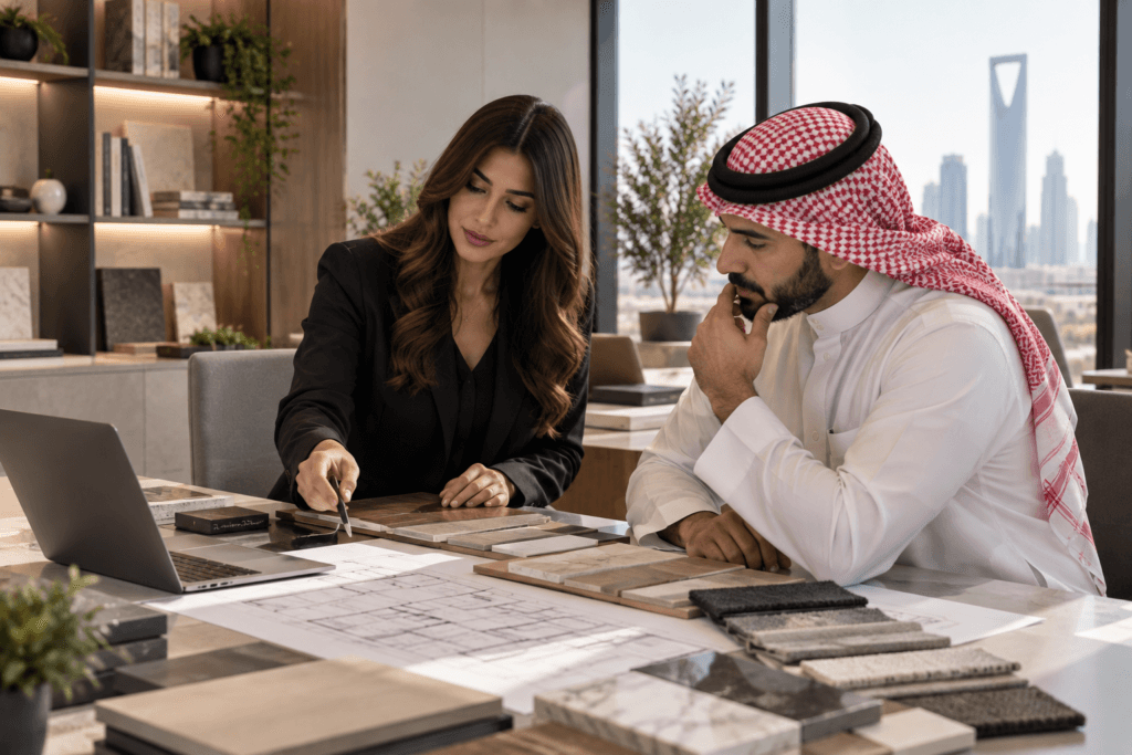 Interior design consultation with client and designer in Riyadh