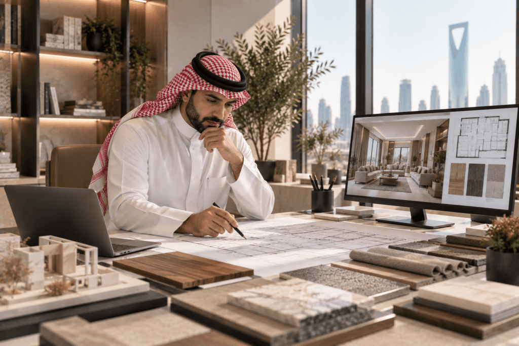 Interior designer reviewing space planning and floor plans in Riyadh