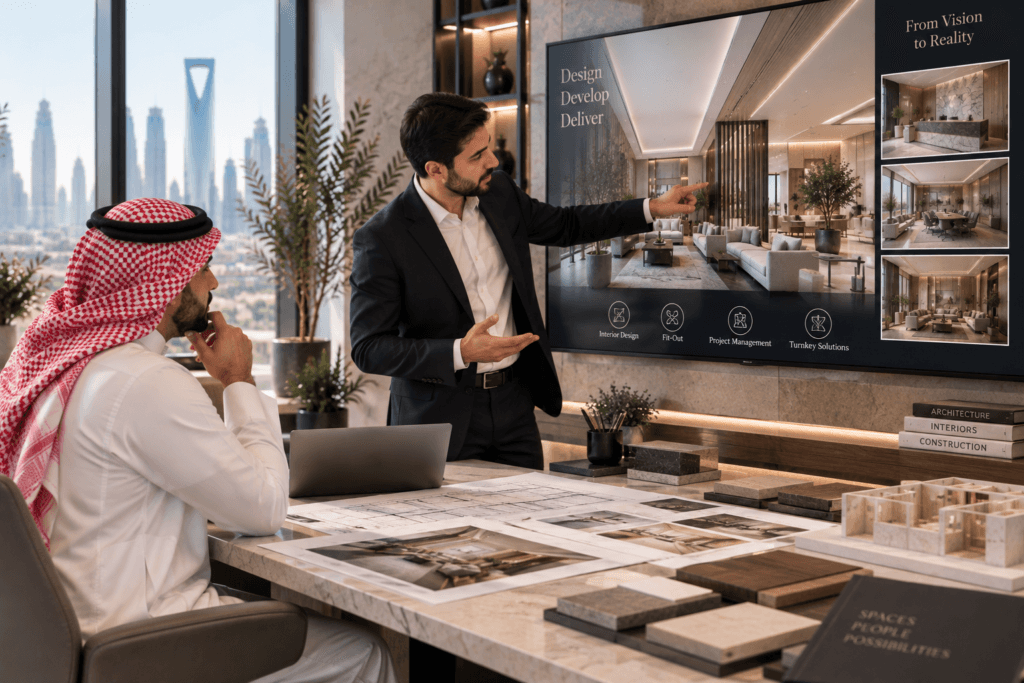 Interior design concept presentation with client in Riyadh