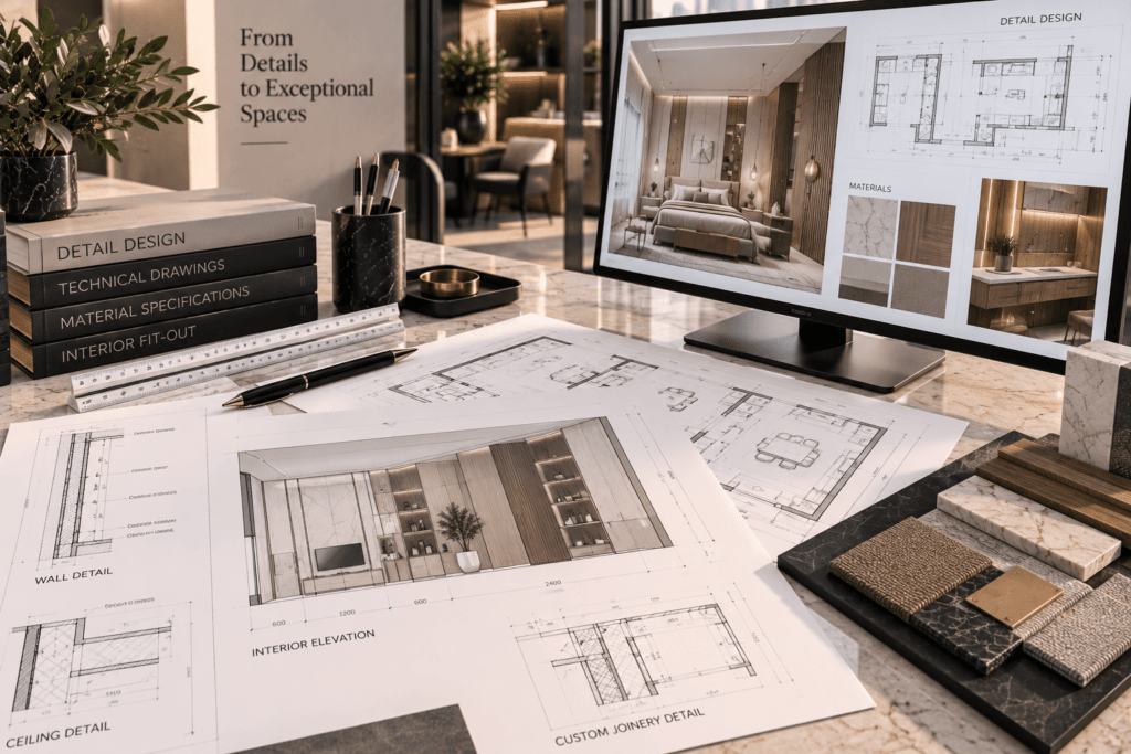 Detailed interior design drawings and technical specifications for a Riyadh project