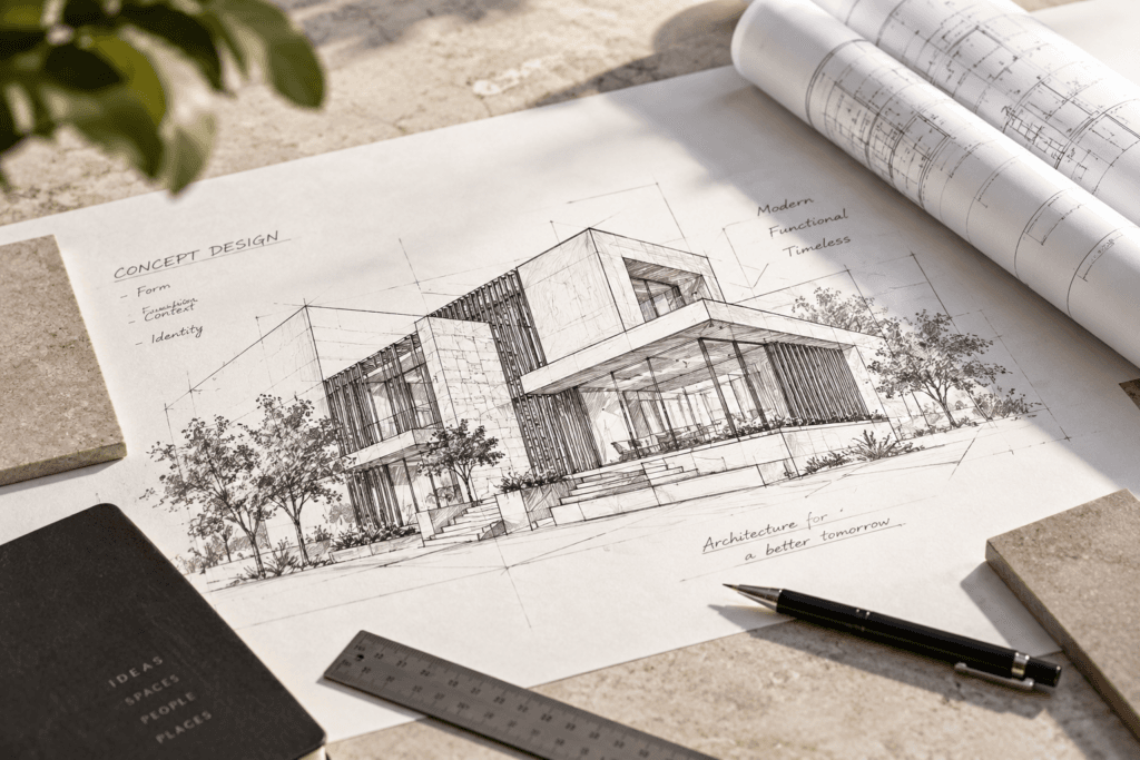 Architectural concept sketch showing a modern building design with floor plans, technical drawings and architectural planning materials.