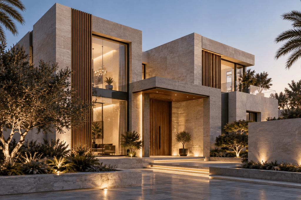 Modern luxury villa exterior with contemporary architectural design, natural stone, glass facades, wood accents and landscaped surroundings at sunset.