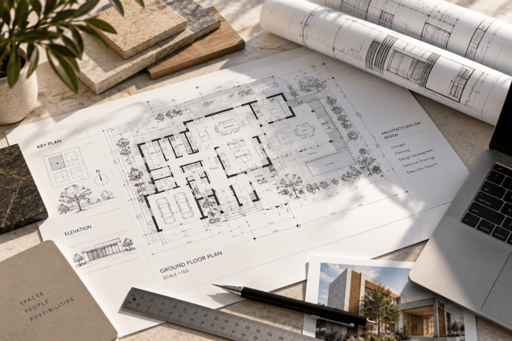 Architectural floor plan with detailed building layouts, elevations, material samples and design drawings on a professional architect’s workspace.