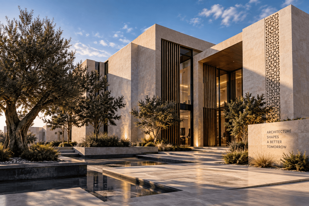 Contemporary architectural building with natural stone facades, vertical wood accents, glass entrances, landscaped courtyards and modern outdoor spaces.