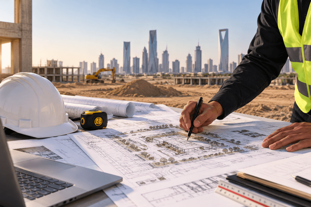 Architect reviewing architectural site plans at a construction site with Riyadh skyline in the background.