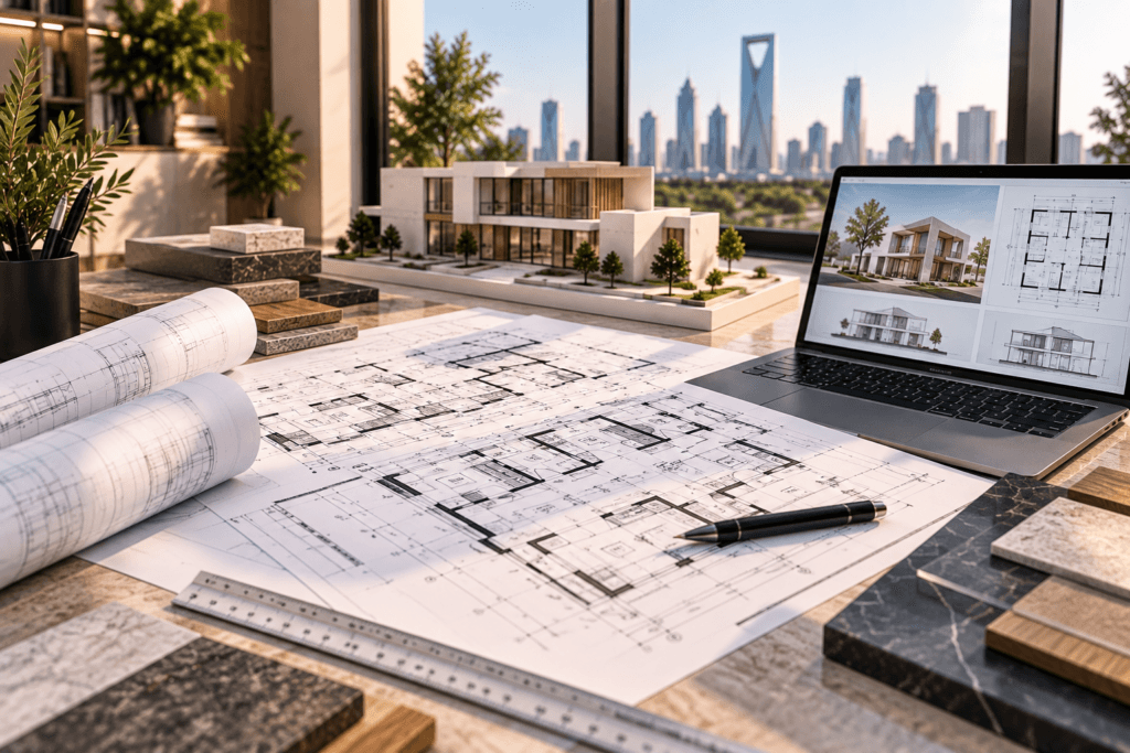 Detailed architectural floor plans with a modern building model, material samples and digital architectural drawings in a professional design studio.