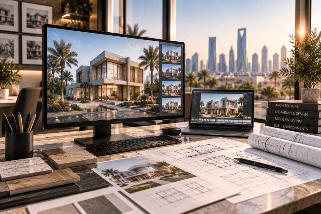 Realistic 3D architectural visualisation of a modern luxury villa displayed on professional design studio monitors.