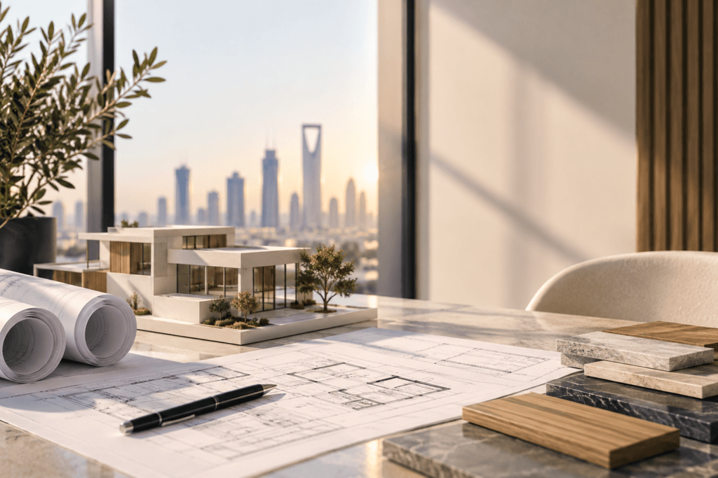 Modern architectural design workspace with a villa model, architectural plans, material samples and Riyadh skyline.