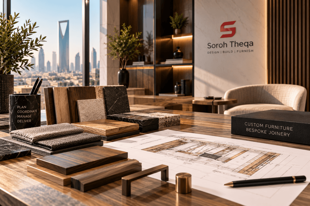 Interior project management planning with design drawings and material coordination in Riyadh by Soroh Theqa