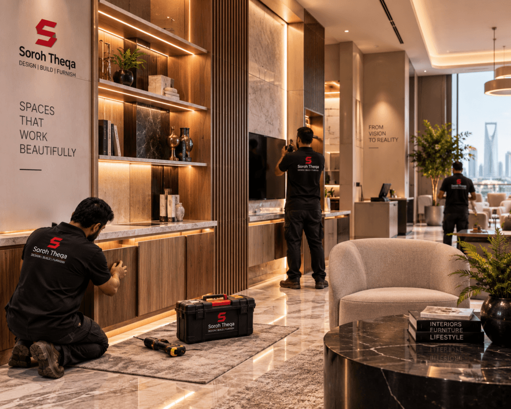 Custom furniture and bespoke joinery delivery and professional installation in Riyadh, showcasing built-in cabinetry and precision finishing by Soroh Theqa.